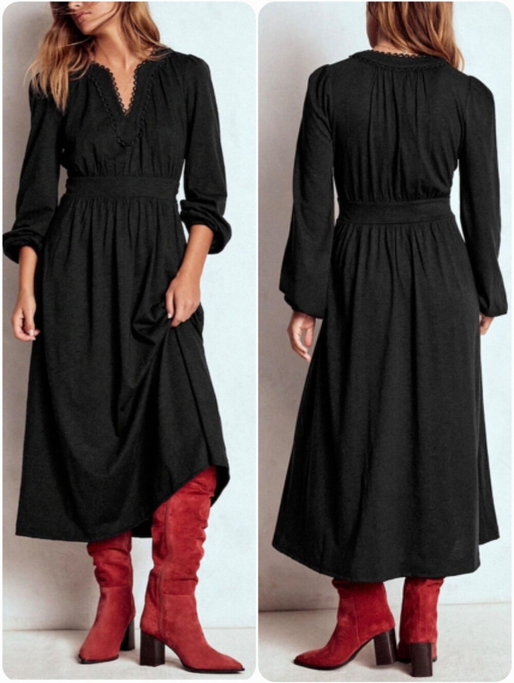 Boden Maddie Picot Trim Black Jersey Midi Dress 2 Long Sleeve Classic Preppy